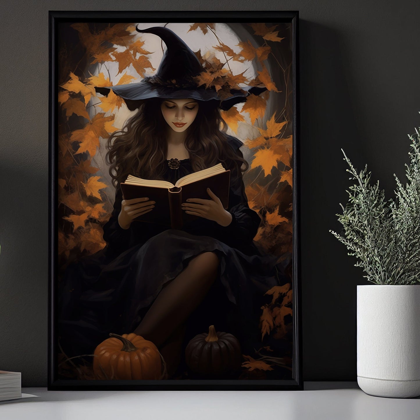 Spelling Witch Reading Book In Halloween Night Vintage Gothic Wall Art Print - Dark Academia Magic Witchy Halloween Wall Decor
