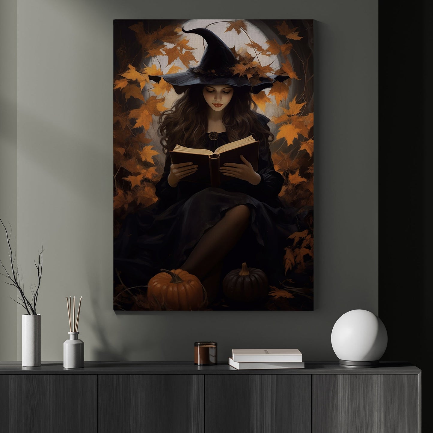 Spelling Witch Reading Book In Halloween Night Vintage Gothic Wall Art Print - Dark Academia Magic Witchy Halloween Wall Decor