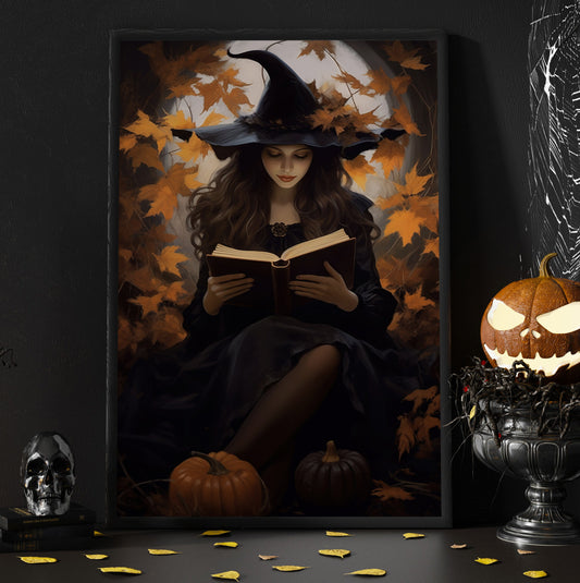 Spelling Witch Reading Book In Halloween Night Vintage Gothic Wall Art Print - Dark Academia Magic Witchy Halloween Wall Decor