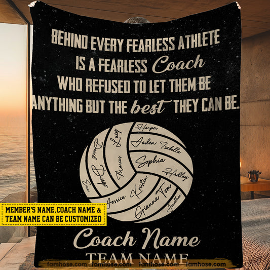 Personalized Motivational Volleyball Fleece Blanket, Behind Every Fearless Athlete Is A Fearless Coach Sport Woven Blanket, Cool Sherpa Blanket Gift For Volleyball Lovers