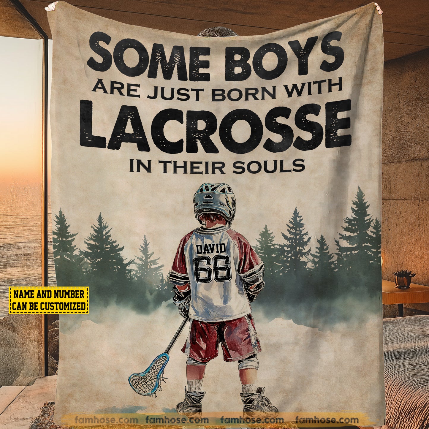 Personalized Lacrosse Boy Fleece Blanket, Born With Lacrosse In Their Souls Woven Blanket, Cool Sherpa Blanket Gift For Kids, Lacrosse Lovers