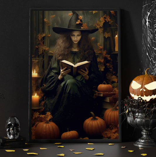 Witch Reading Book In Halloween Night Vintage Gothic Wall Art Print - Dark Academia Magic Witchy Halloween Wall Decor