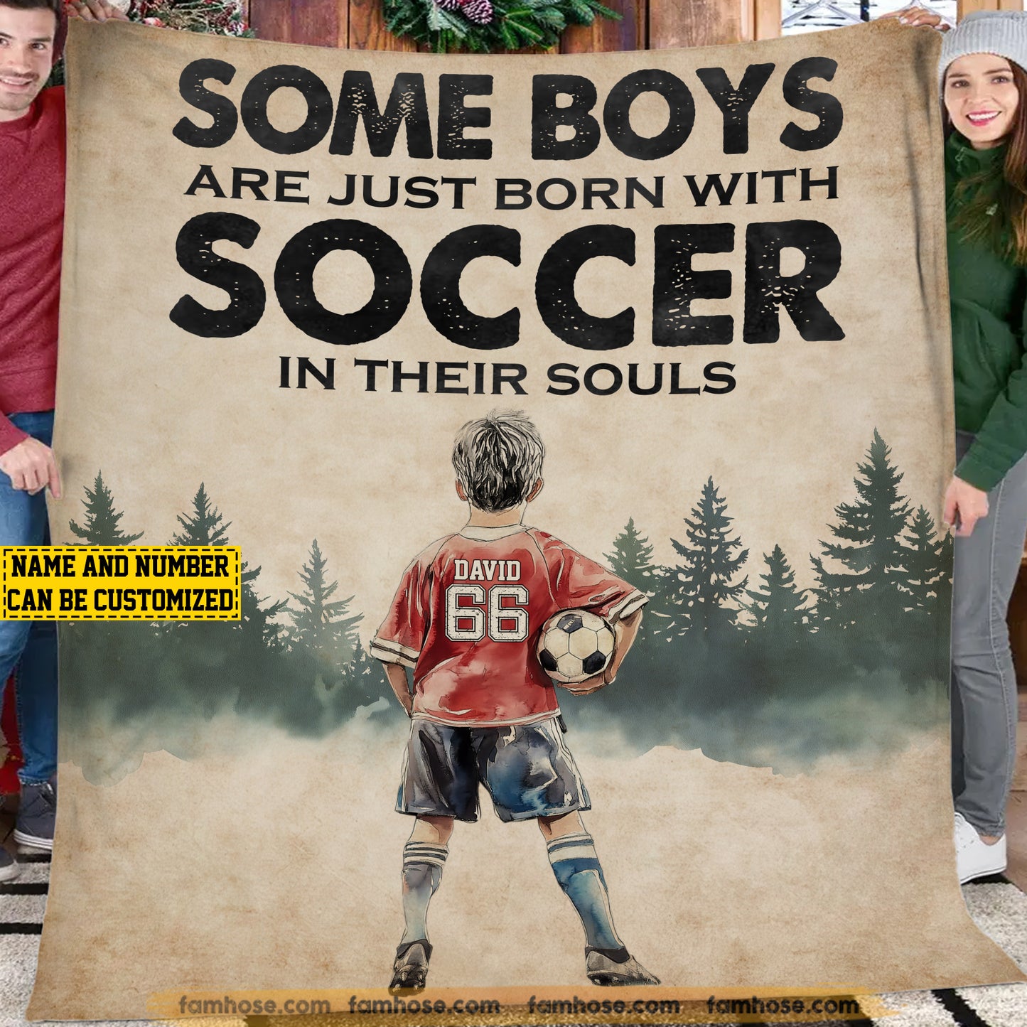 Personalized Soccer Boy Fleece Blanket, Born With Soccer In Their Souls Woven Blanket, Cool Sherpa Blanket Gift For Kids, Soccer Lovers