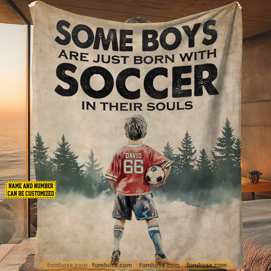 Personalized Soccer Boy Fleece Blanket, Born With Soccer In Their Souls Woven Blanket, Cool Sherpa Blanket Gift For Kids, Soccer Lovers