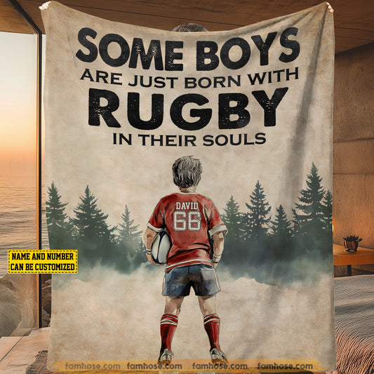 Personalized Rugby Boy Fleece Blanket, Born With Rugby In Their Souls Woven Blanket, Cool Sherpa Blanket Gift For Kids, Rugby Lovers
