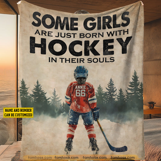 Personalized Hockey Girl Fleece Blanket For Kids, Hockey In Their Souls Woven Blanket, Cool Sherpa Blanket Gift For Hockey Lovers