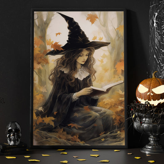 Cottage Autumn Witch Reading Book In Fall Vintage Gothic Wall Art Print - Dark Academia Thanks Giving Witchy Halloween Wall Decor