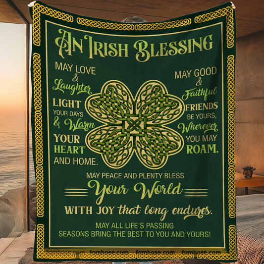 Four-Leaf Clover Fleece Blanket, An Irish Blessing Woven Blanket, Sherpa Blanket St Patrick's Day Gift For For Irish Lover