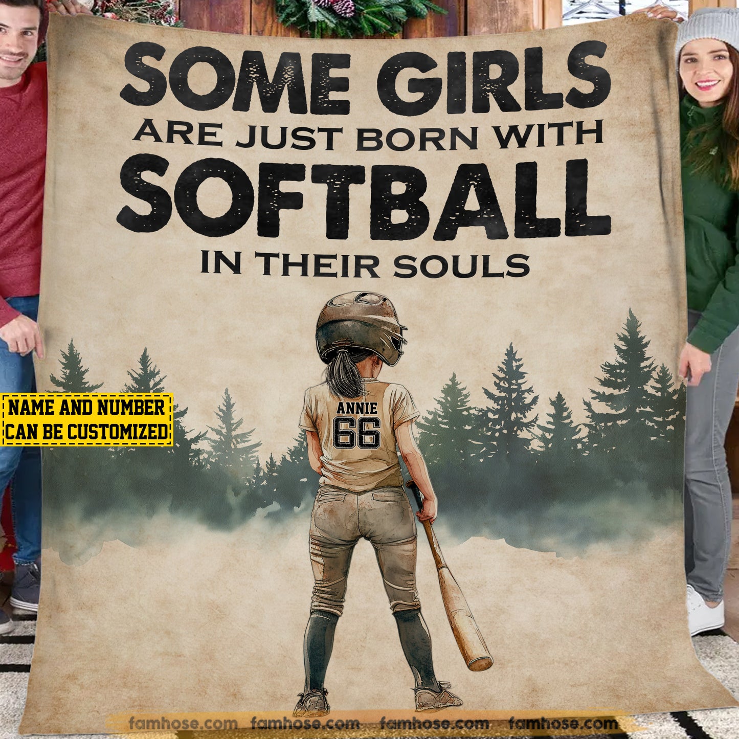 Personalized Softball Girls Fleece Blanket, Some Girls Born With Softball In Their Souls Sport Woven Blanket, Cool Sherpa Blanket Gift For Softball Girls, Softball Lovers