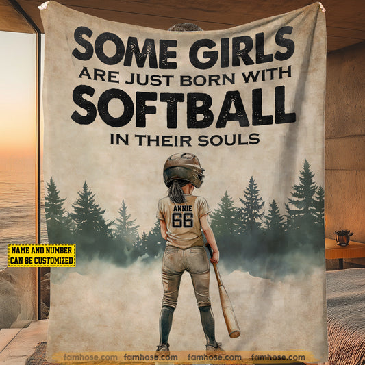 Personalized Softball Girls Fleece Blanket, Some Girls Born With Softball In Their Souls Sport Woven Blanket, Cool Sherpa Blanket Gift For Softball Girls, Softball Lovers