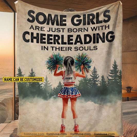 Personalized Cheerleading Girl Fleece Blanket, Born With Cheerleading In Their Souls Woven Blanket, Cool Sherpa Blanket Gift For Kids, Cheerleading Lovers