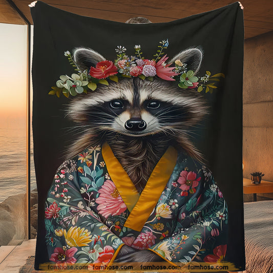 Vintage Raccoon Flower Fleece Blanket, The Relax Raccoon Woven Blanket - Sherpa Blanket Gift For Raccoon Lovers