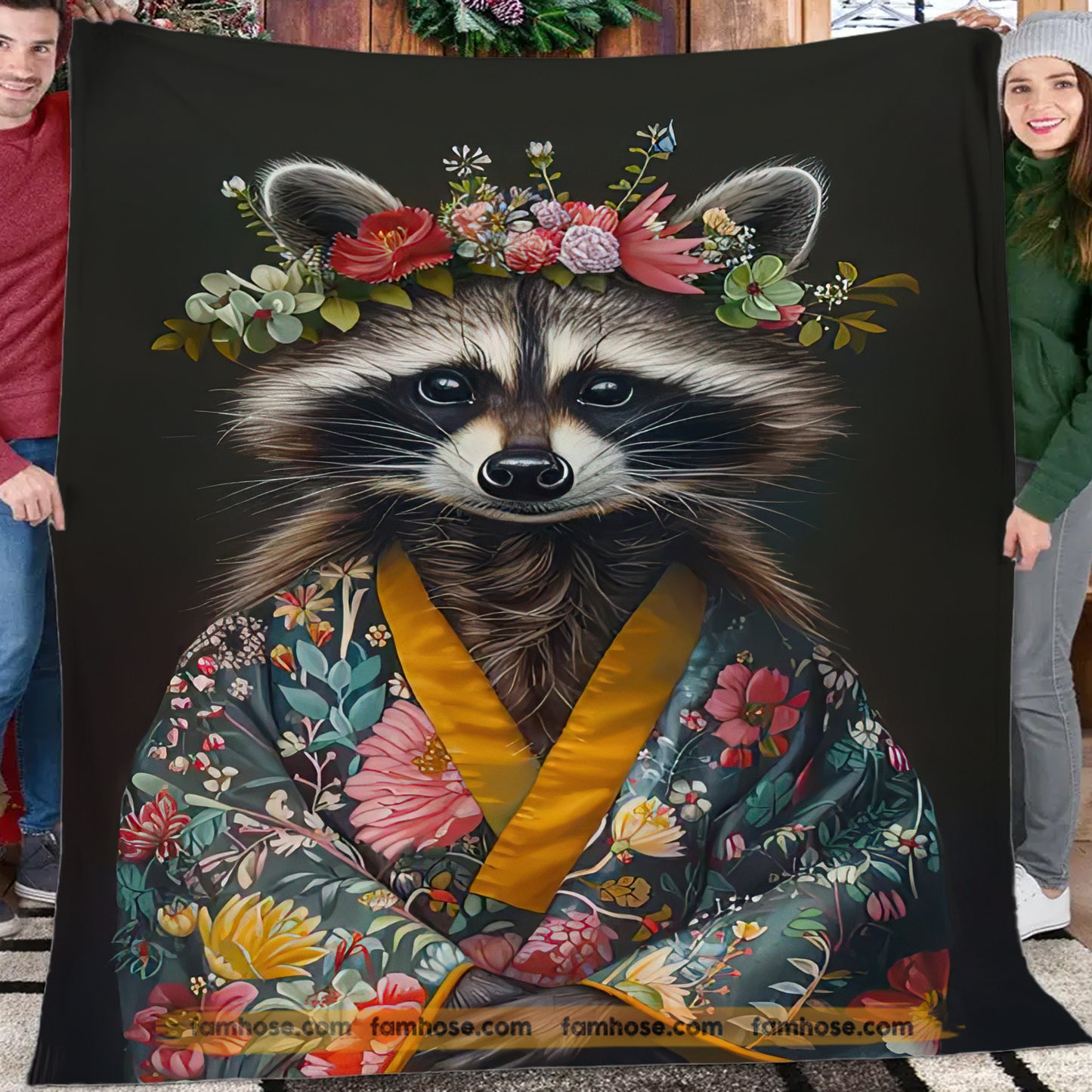 Vintage Raccoon Flower Fleece Blanket, The Relax Raccoon Woven Blanket - Sherpa Blanket Gift For Raccoon Lovers