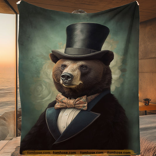 Vintage Bear Victorian Fleece Blanket, The Gentleman Bear Woven Blanket - Sherpa Blanket Gift For Victorian Animals Lovers