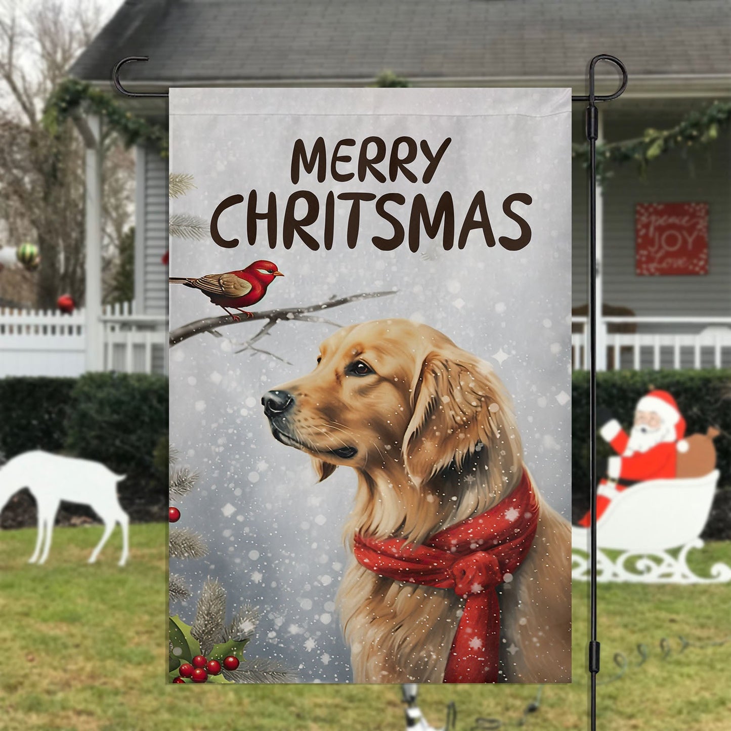 Merry Christmas Dog & Bird, Golden Retriever Xmas Garden Flag & House Flag, Christmas Flag Gift For Golden Retriever Dog Lovers