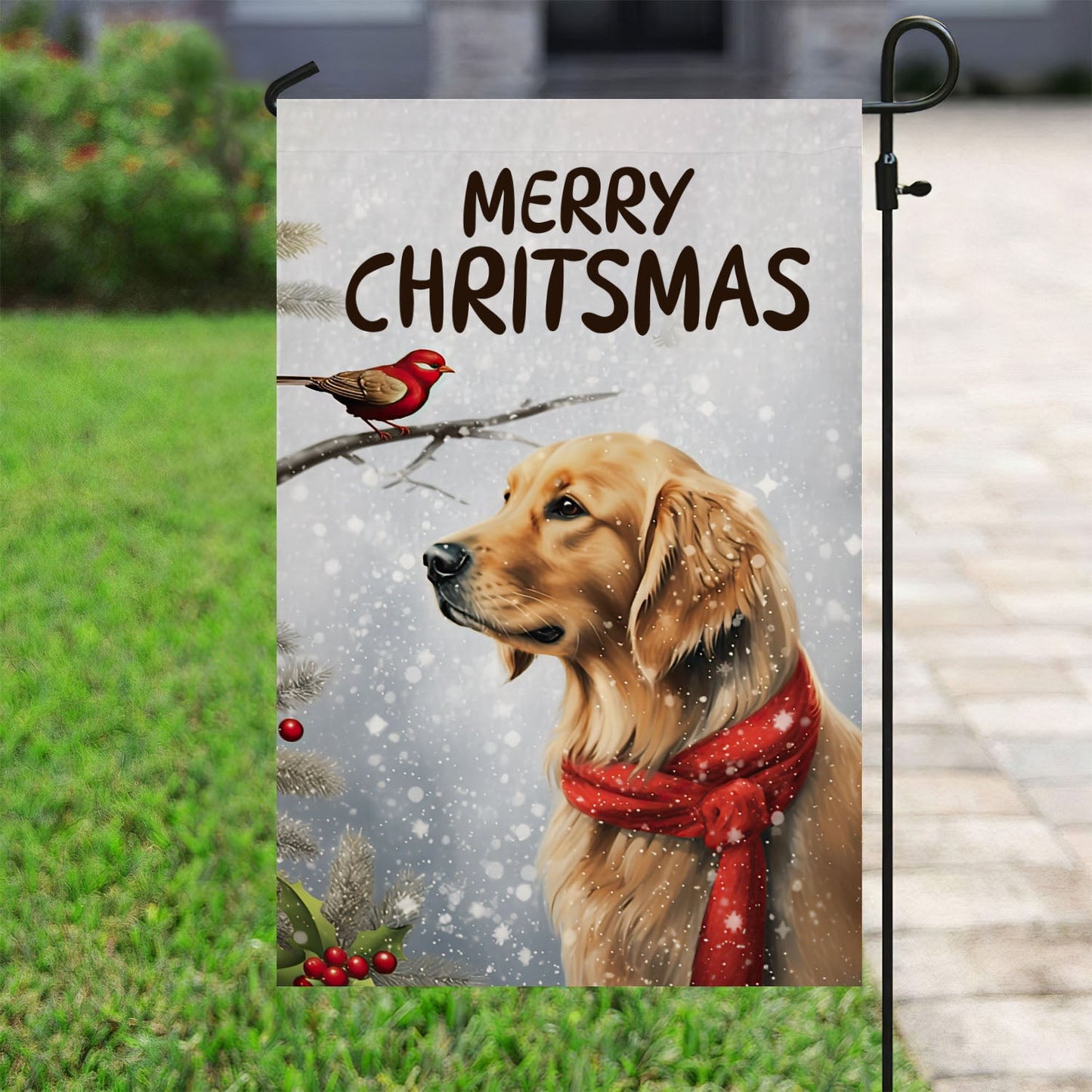 Merry Christmas Dog & Bird, Golden Retriever Xmas Garden Flag & House Flag, Christmas Flag Gift For Golden Retriever Dog Lovers