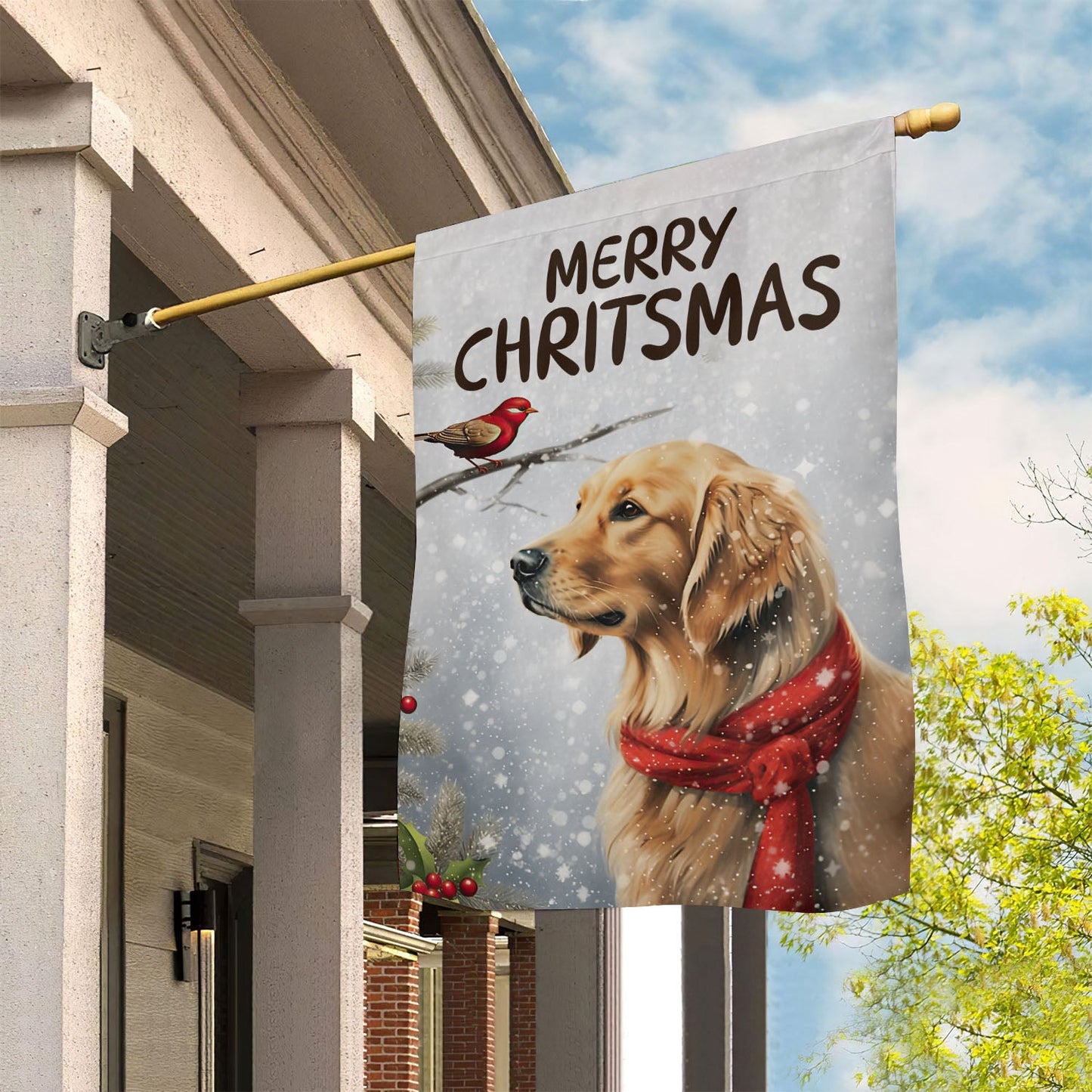 Merry Christmas Dog & Bird, Golden Retriever Xmas Garden Flag & House Flag, Christmas Flag Gift For Golden Retriever Dog Lovers