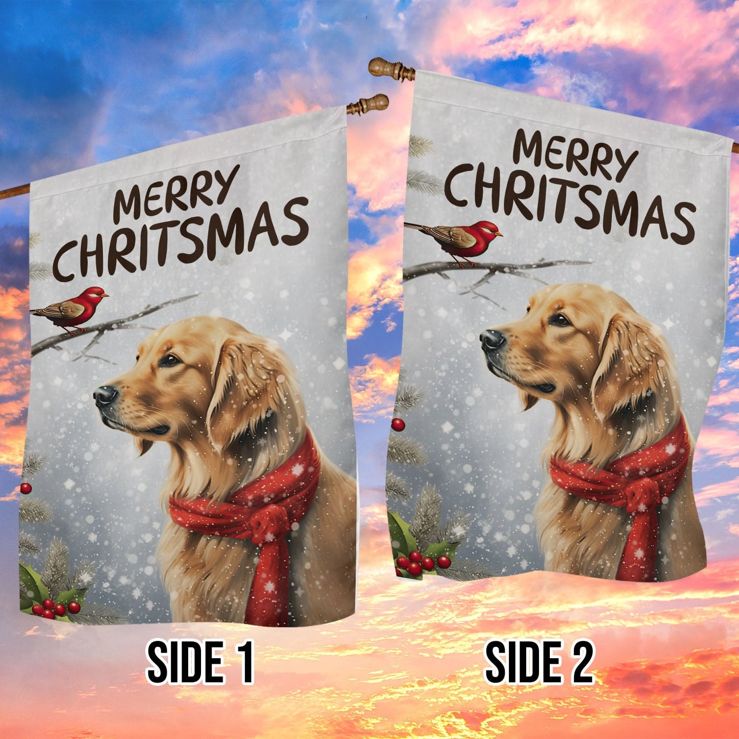 Merry Christmas Dog & Bird, Golden Retriever Xmas Garden Flag & House Flag, Christmas Flag Gift For Golden Retriever Dog Lovers