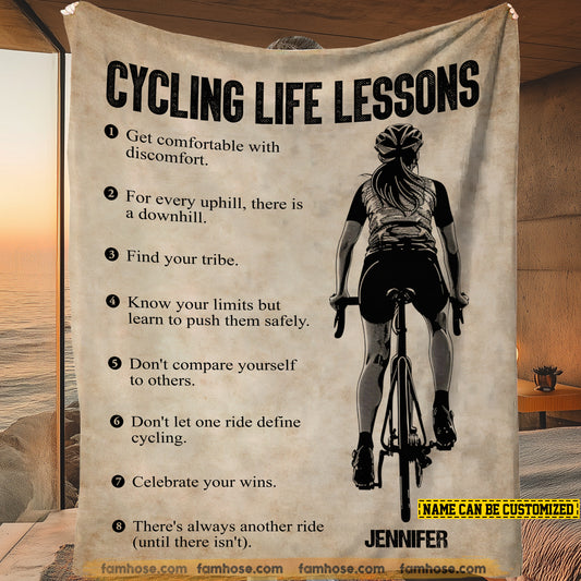 Personalized Cycling Girl Fleece Blanket, Cycling Life Lessons Sport Woven Blanket, Cool Sherpa Blanket Gift For Cycling Girls, Cycling Lovers