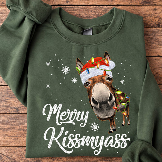Funny Donkey Christmas Sweatshirt, Merry Kissmyass Crewneck Sweatshirt Gift For Donkey Lovers