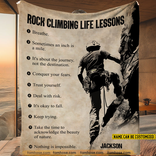 Personalized Rock Climbing Boy Fleece Blanket, Rock Climbing Life Lessons Sport Woven Blanket, Cool Sherpa Blanket Gift For Rock Climbing Lovers