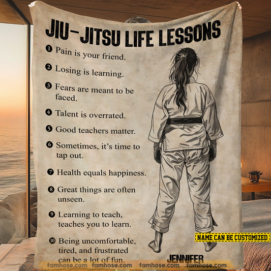 Personalized Jiu Jitsu Girl Life Lessons Fleece Blanket, Jiu Jitsu Woven Blanket, Cool Sherpa Blanket Gift For Jiu Jitsu Girls