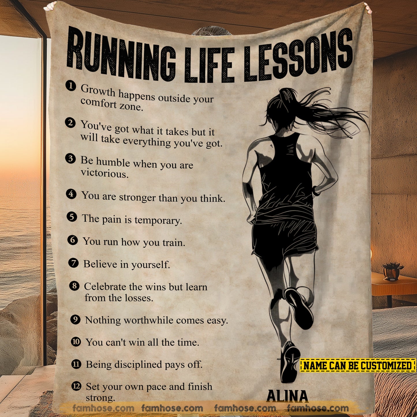 Personalized Running Fleece Blanket, Running Life Lessons Woven Blanket, Cool Sherpa Blanket Gift For Girl Runner