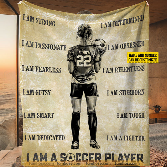 Personalized Soccer Girls Fleece Blanket, I Am A Soccer Player Sport Woven Blanket - Sherpa Blanket Gift For Soccer Lovers