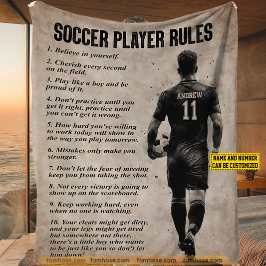 Motivational Personalized Soccer Boy Fleece Blanket, Soccer Player Rules Sport Woven Blanket, Cool Sherpa Blanket Gift For Soccer Lovers