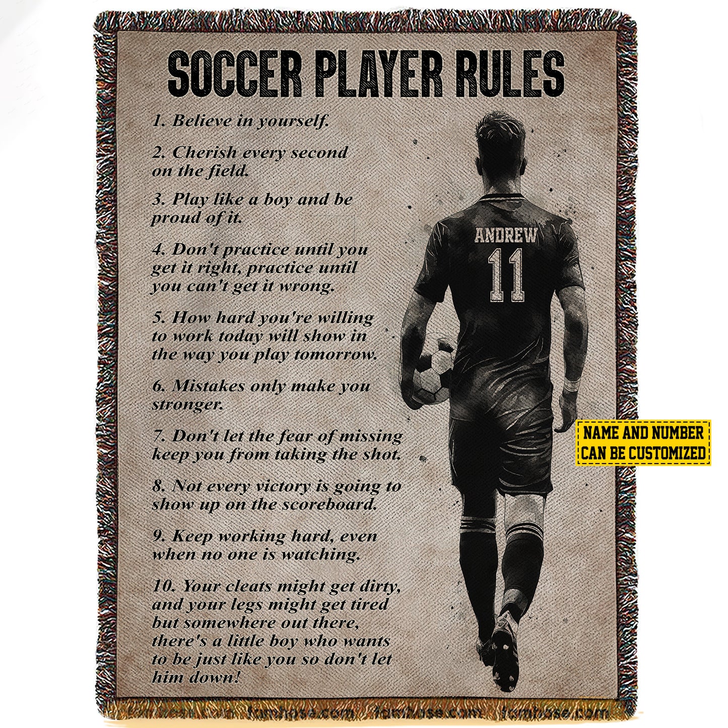 Motivational Personalized Soccer Boy Fleece Blanket, Soccer Player Rules Sport Woven Blanket, Cool Sherpa Blanket Gift For Soccer Lovers