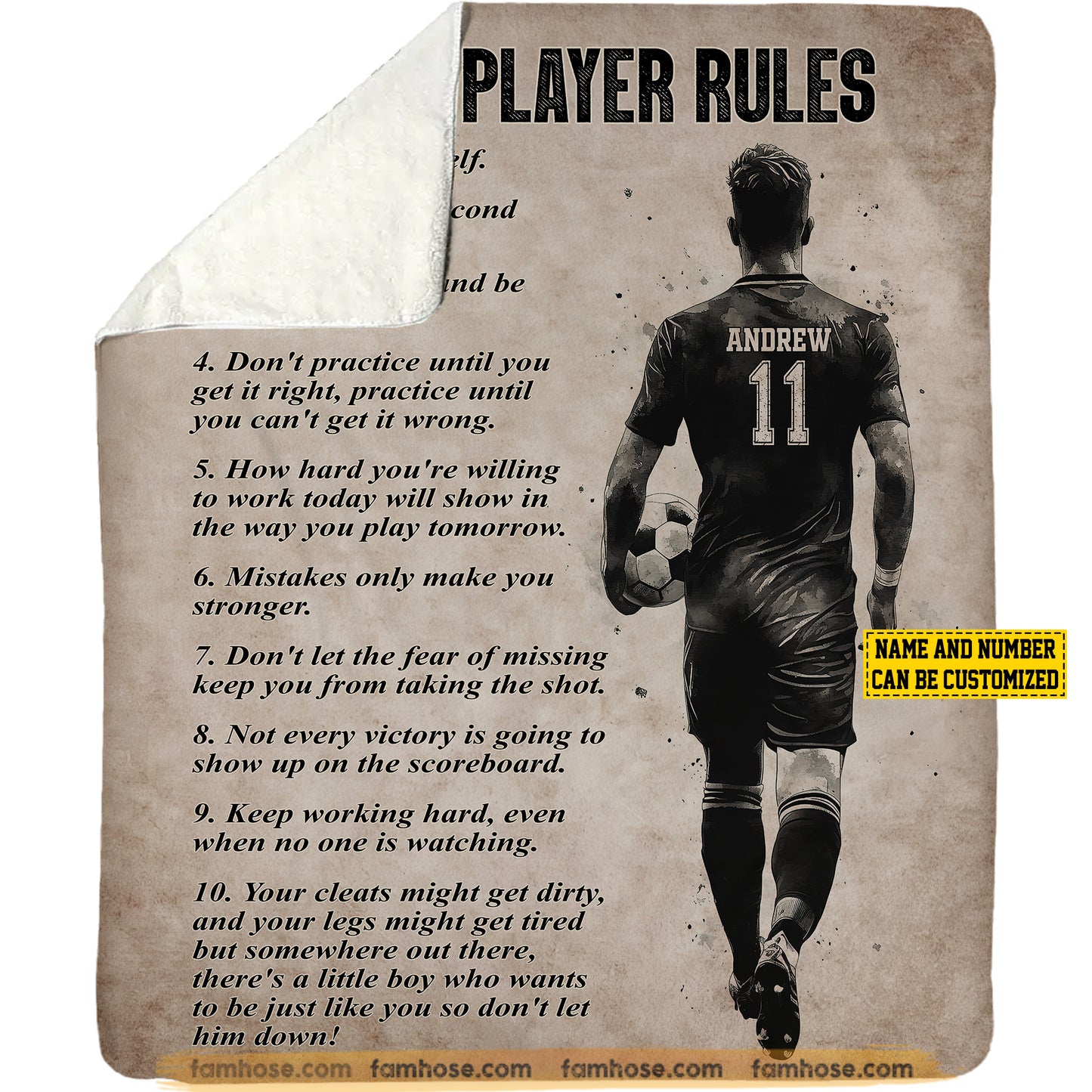 Motivational Personalized Soccer Boy Fleece Blanket, Soccer Player Rules Sport Woven Blanket, Cool Sherpa Blanket Gift For Soccer Lovers