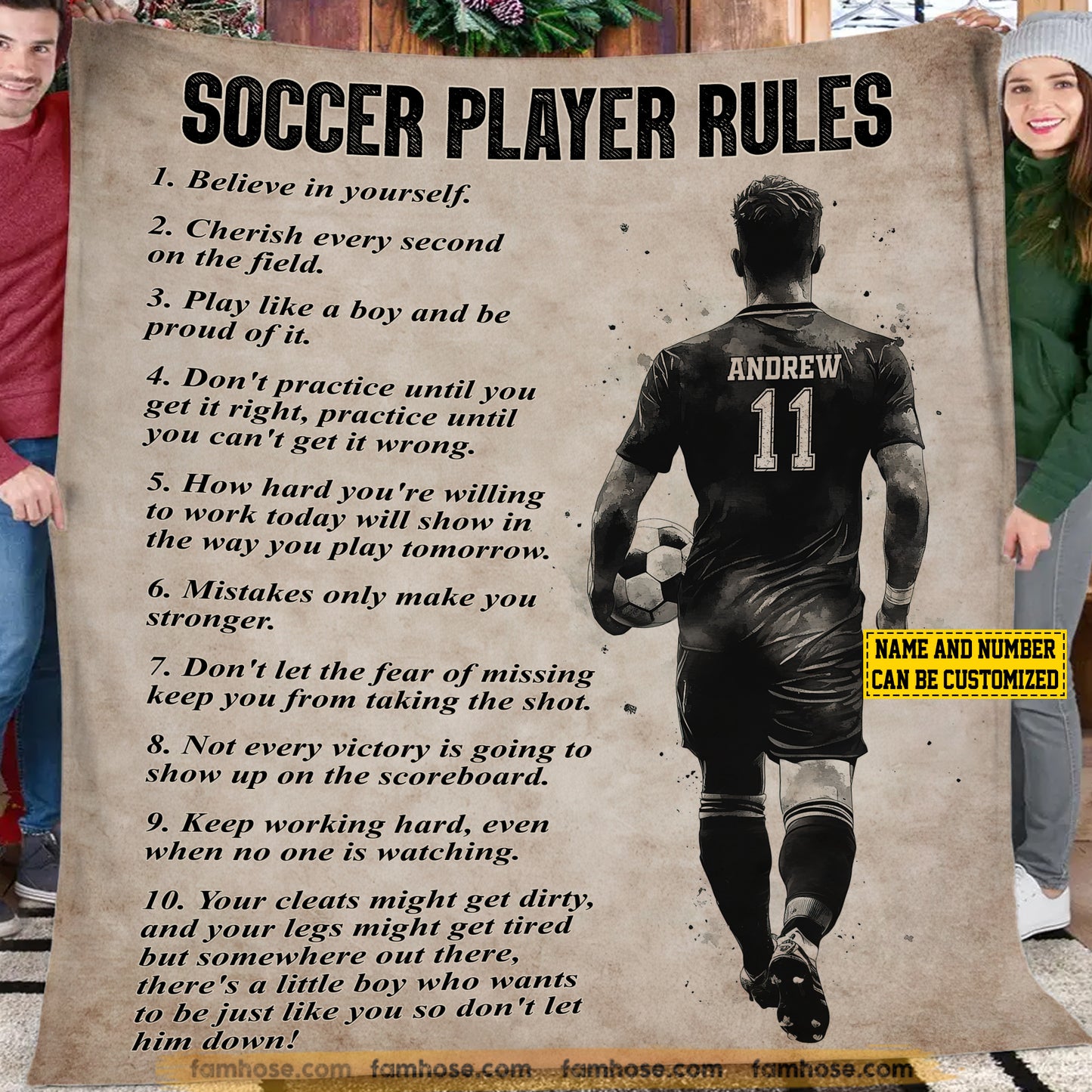 Motivational Personalized Soccer Boy Fleece Blanket, Soccer Player Rules Sport Woven Blanket, Cool Sherpa Blanket Gift For Soccer Lovers