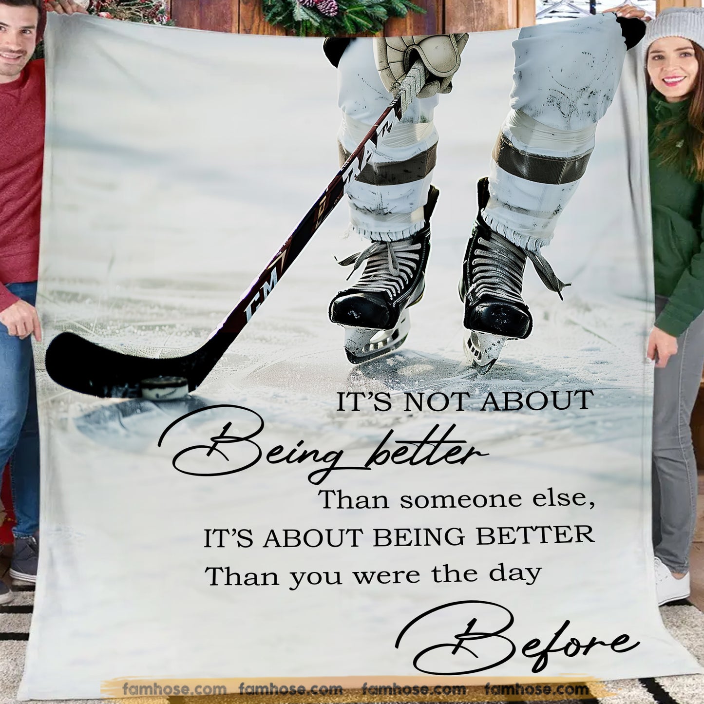 Motivational Hockey Fleece Blanket, It's About Being Better Than You Were The Day Before Sport Woven Blanket, Sherpa Blanket Gift For Hockey Lovers