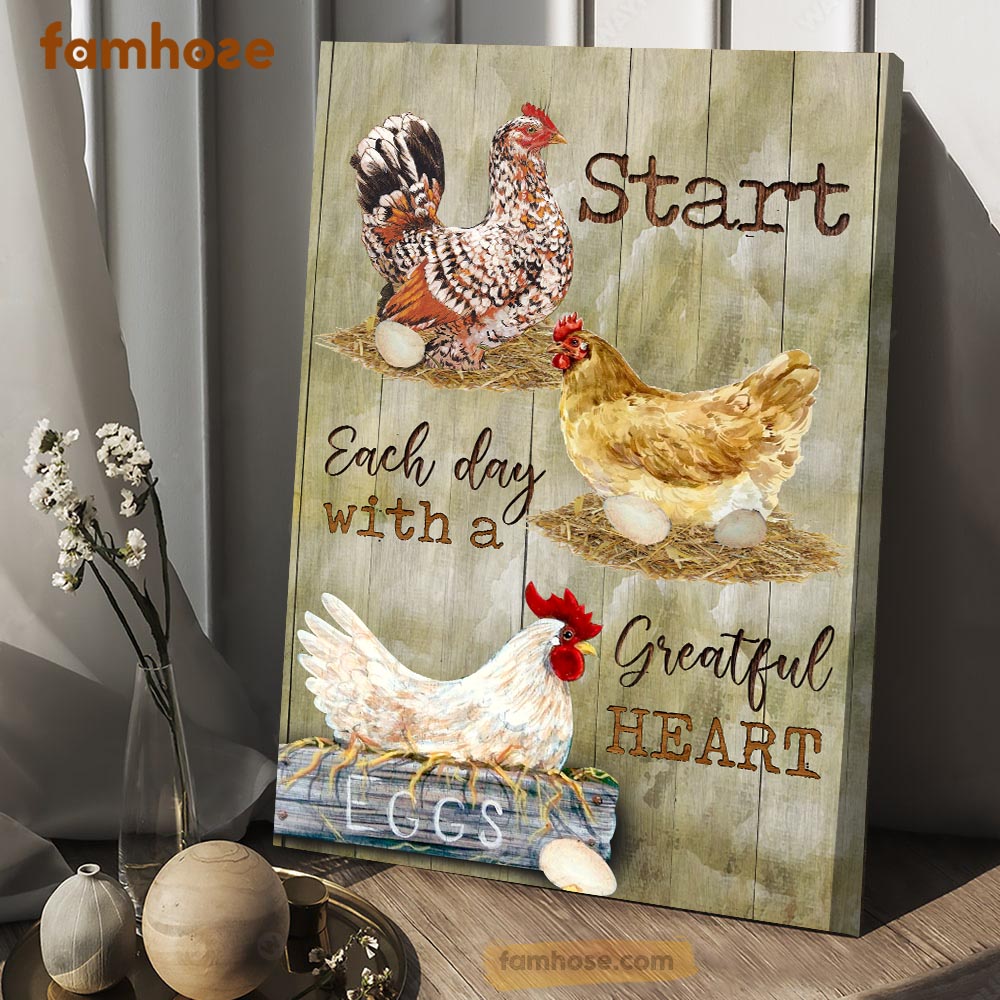 Chicken Poster & Canvas, Start Every Day With A Greatful Heart, Chicken Canvas Wall Art, Poster Gift For Chicken Lovers