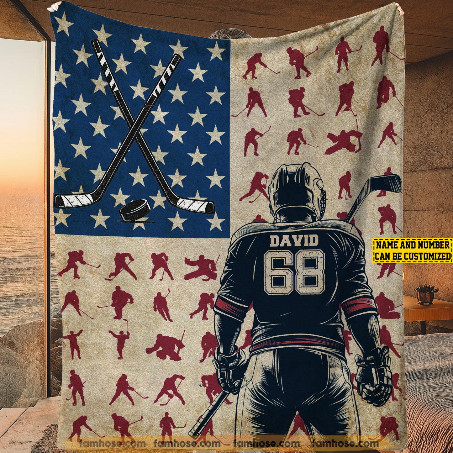 Cool Personalized Hockey Boy Fleece Blanket, Stars, Stripes, And Your Hockey Legacy Sport Woven Blanket, Sherpa Blanket Gift For Hockey Lovers