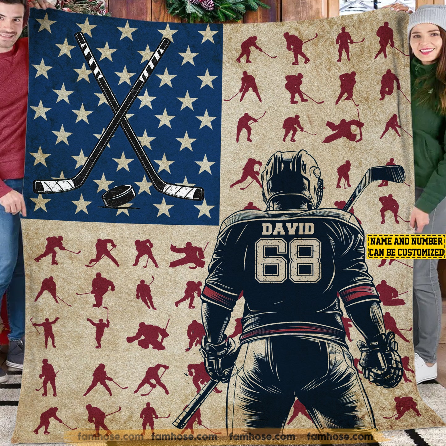 Cool Personalized Hockey Boy Fleece Blanket, Stars, Stripes, And Your Hockey Legacy Sport Woven Blanket, Sherpa Blanket Gift For Hockey Lovers