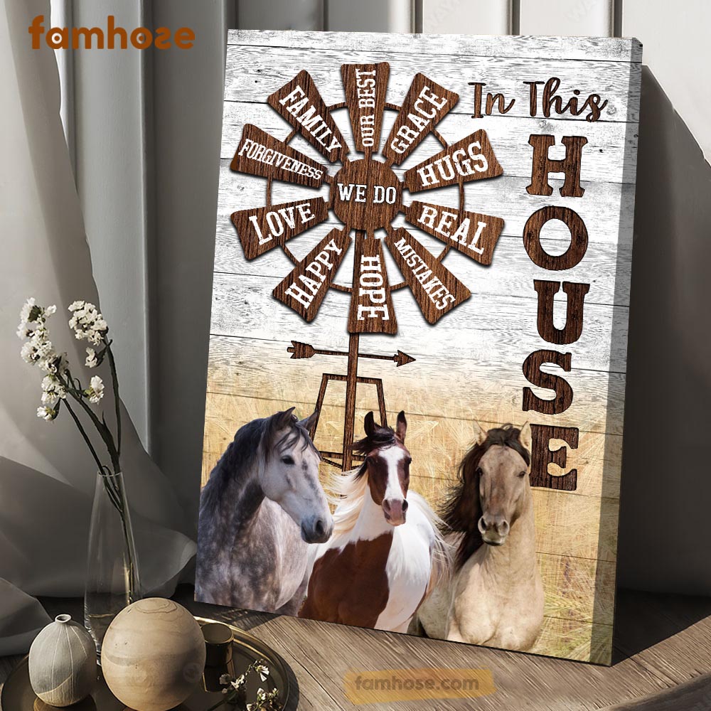 Horse Poster & Canvas, In This House Family Hugs Real Love Happy, Horse Canvas Wall Art, Poster Gift For Horse Lovers