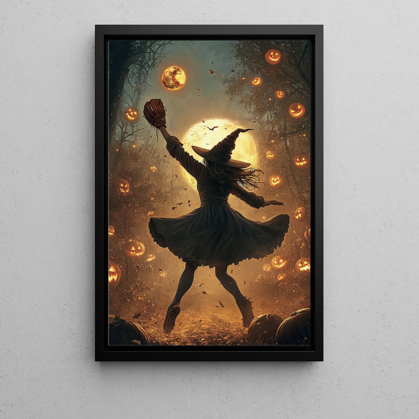 Witch’s Cursed Catch, Softball Canvas Painting, Spooky Season Wall Art Decor, Halloween Poster Gift For Softball Lovers