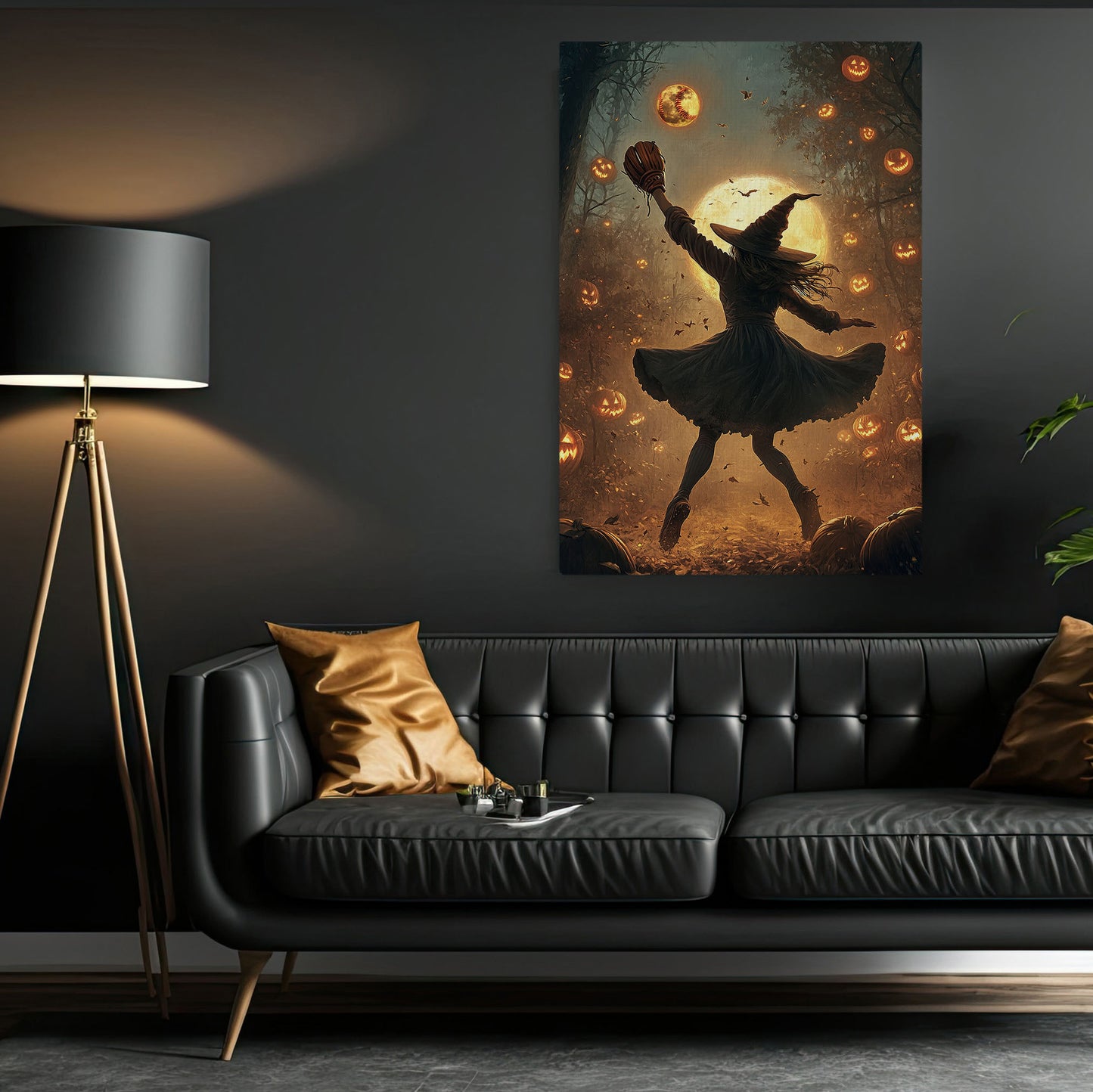 Witch’s Cursed Catch, Softball Canvas Painting, Spooky Season Wall Art Decor, Halloween Poster Gift For Softball Lovers