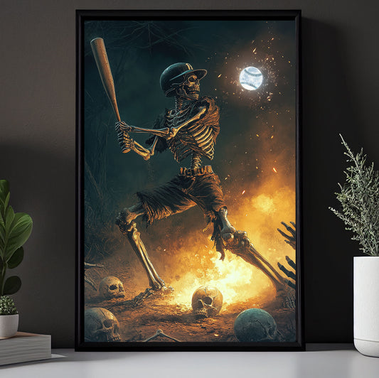 Skeleton’s Grand Slam, Baseball Canvas Painting, Spooky Season Wall Art Decor, Halloween Poster Gift For Baseball Lovers