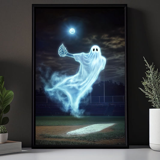 Ghostly Pitch, Baseball Canvas Painting, Spooky Season Wall Art Decor, Halloween Poster Gift For Baseball Lovers