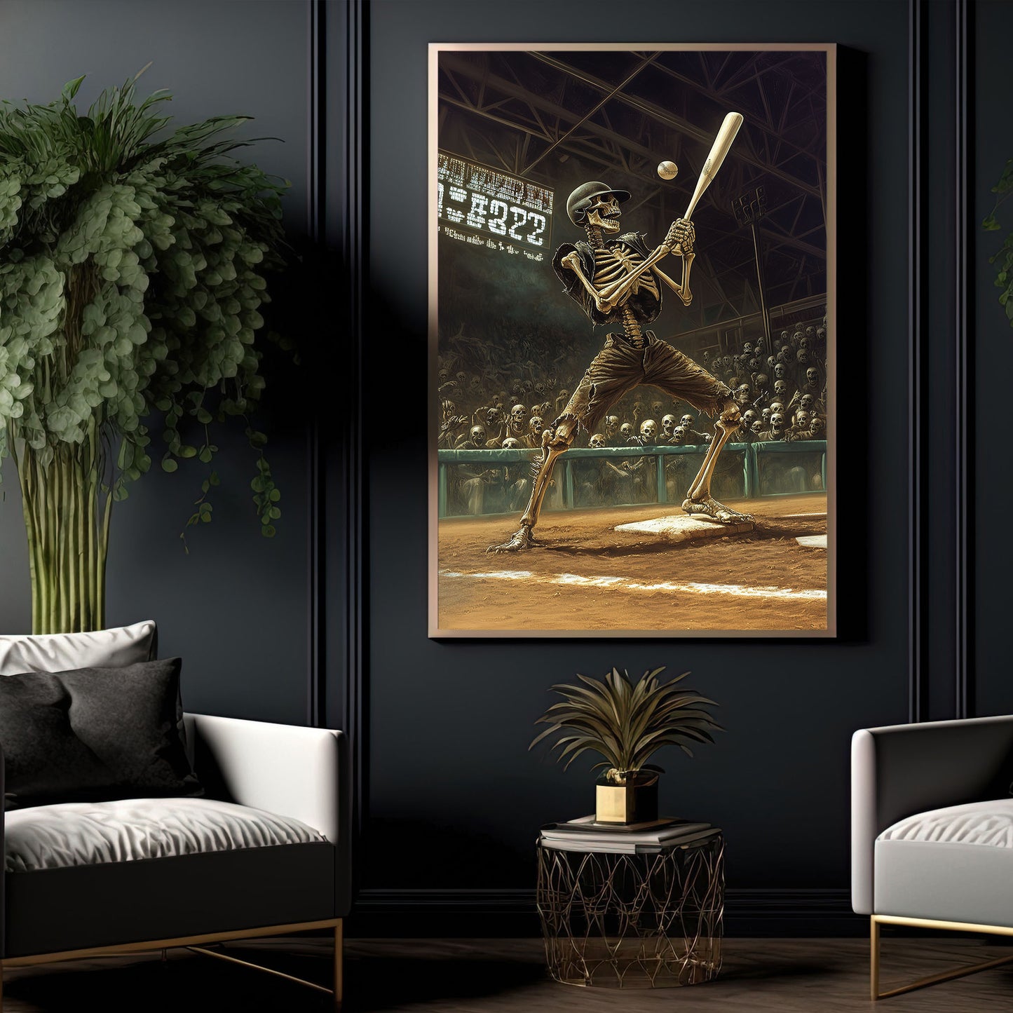 Skeleton Slugger, Baseball Canvas Painting, Spooky Season Wall Art Decor, Halloween Poster Gift For Baseball Lovers