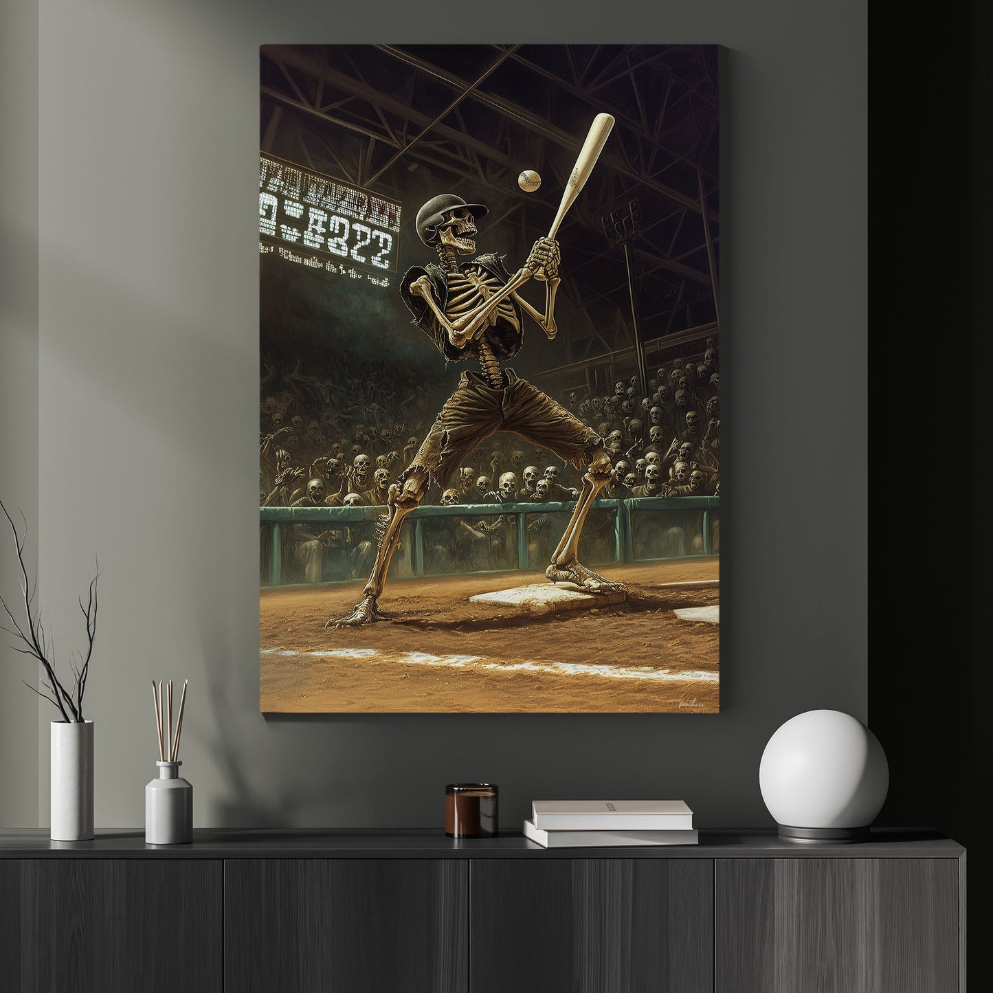 Skeleton Slugger, Baseball Canvas Painting, Spooky Season Wall Art Decor, Halloween Poster Gift For Baseball Lovers