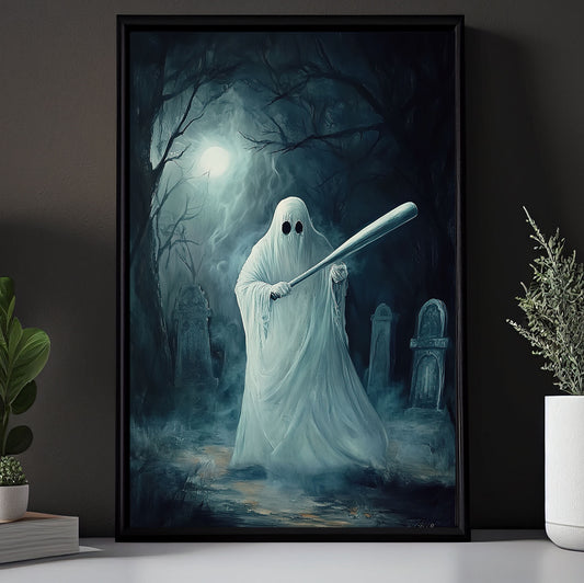 Ghostly Batter, Baseball Canvas Painting, Spooky Season Wall Art Decor, Halloween Poster Gift For Baseball Lovers