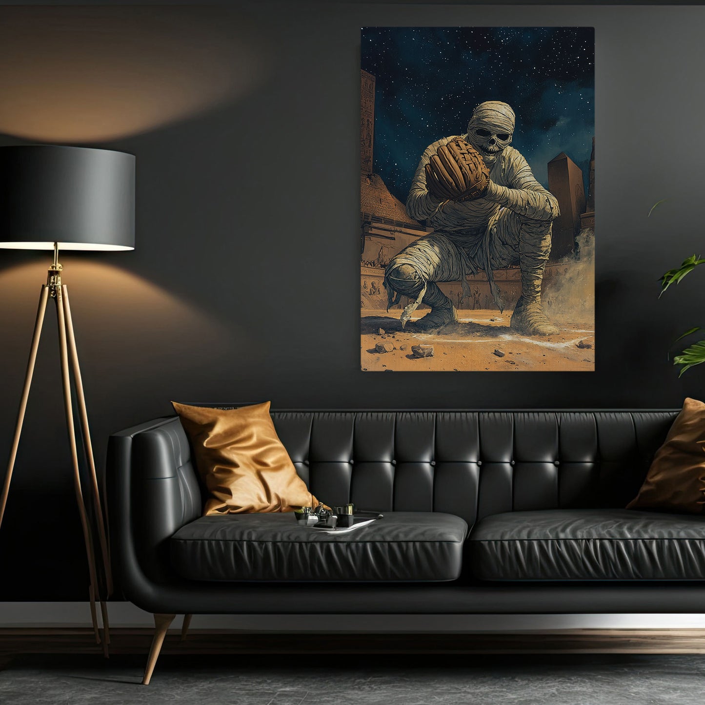 Mummy Catcher, Baseball Canvas Painting, Spooky Season Wall Art Decor, Halloween Poster Gift For Baseball Lovers