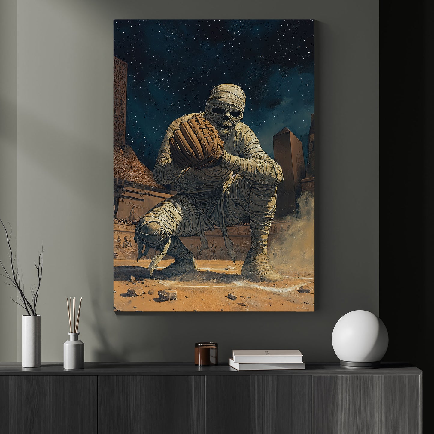 Mummy Catcher, Baseball Canvas Painting, Spooky Season Wall Art Decor, Halloween Poster Gift For Baseball Lovers