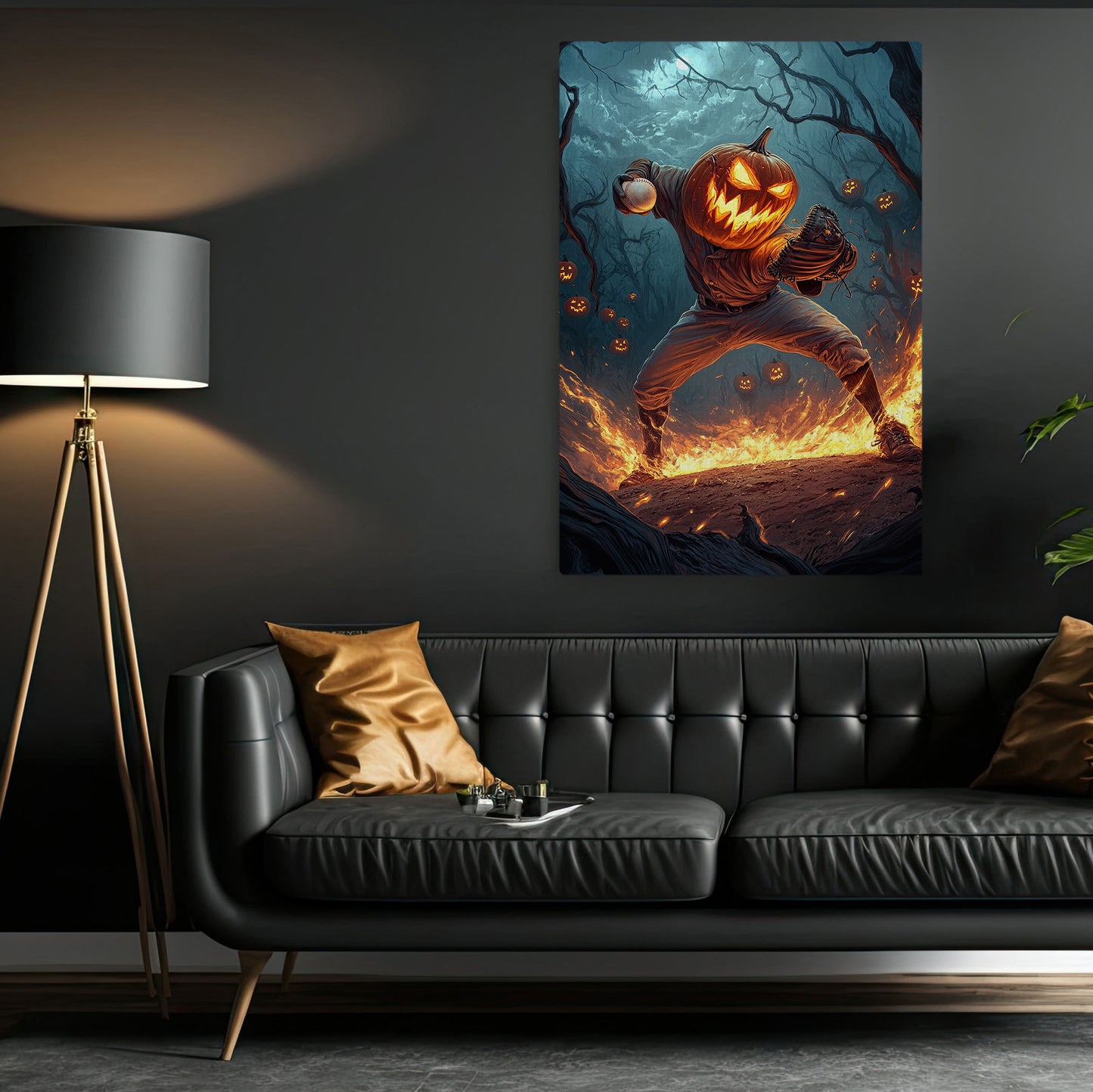 Pumpkin Pitcher, Baseball Canvas Painting, Spooky Season Wall Art Decor, Halloween Poster Gift For Baseball Lovers