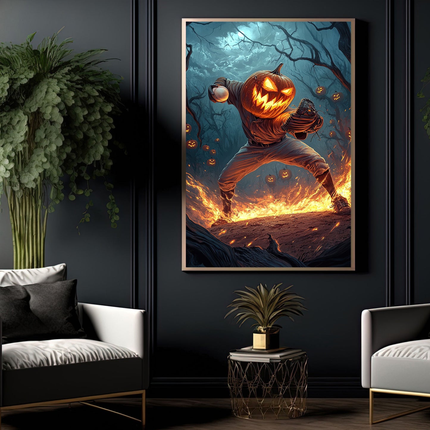 Pumpkin Pitcher, Baseball Canvas Painting, Spooky Season Wall Art Decor, Halloween Poster Gift For Baseball Lovers