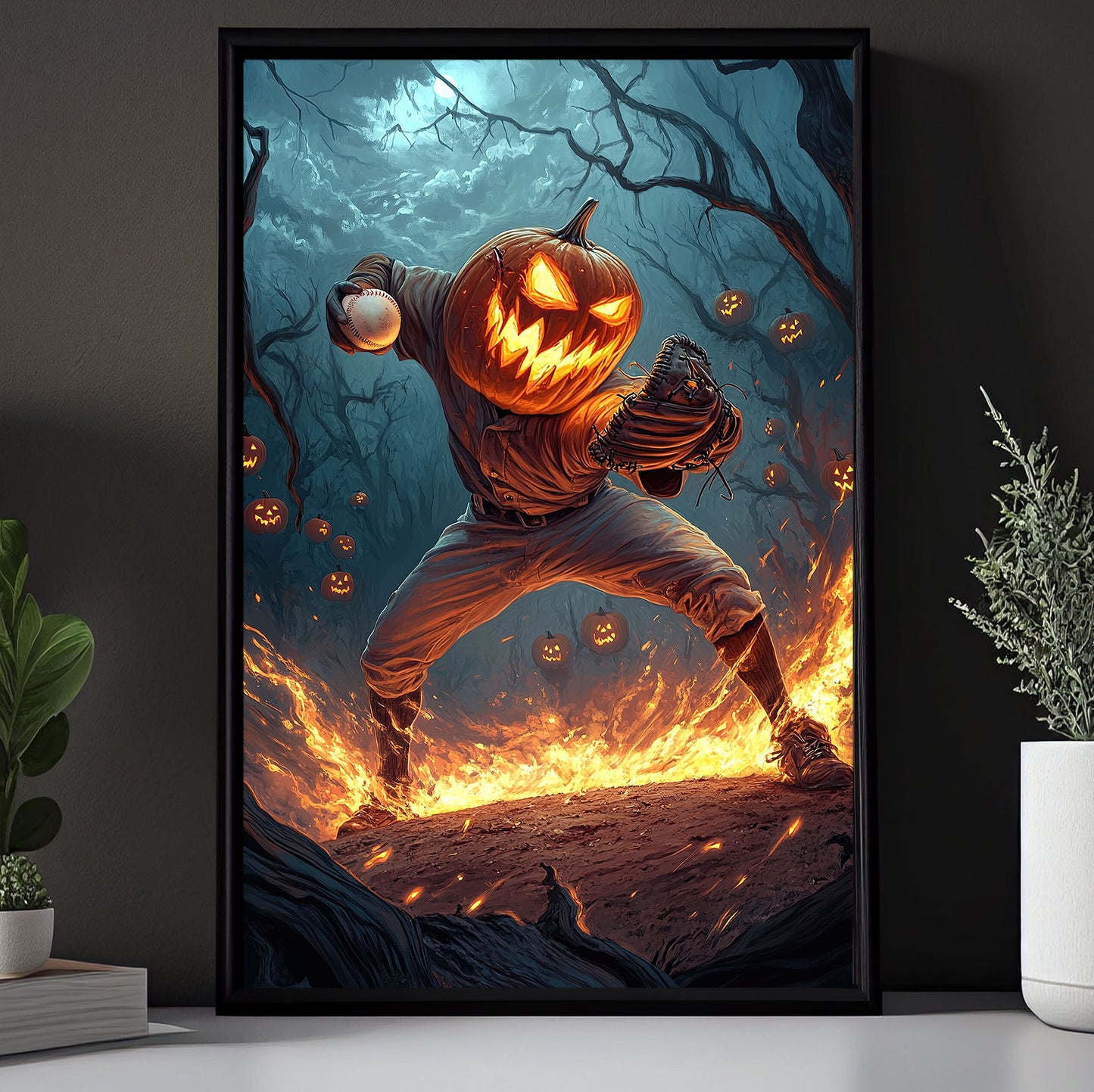 Pumpkin Pitcher, Baseball Canvas Painting, Spooky Season Wall Art Decor, Halloween Poster Gift For Baseball Lovers