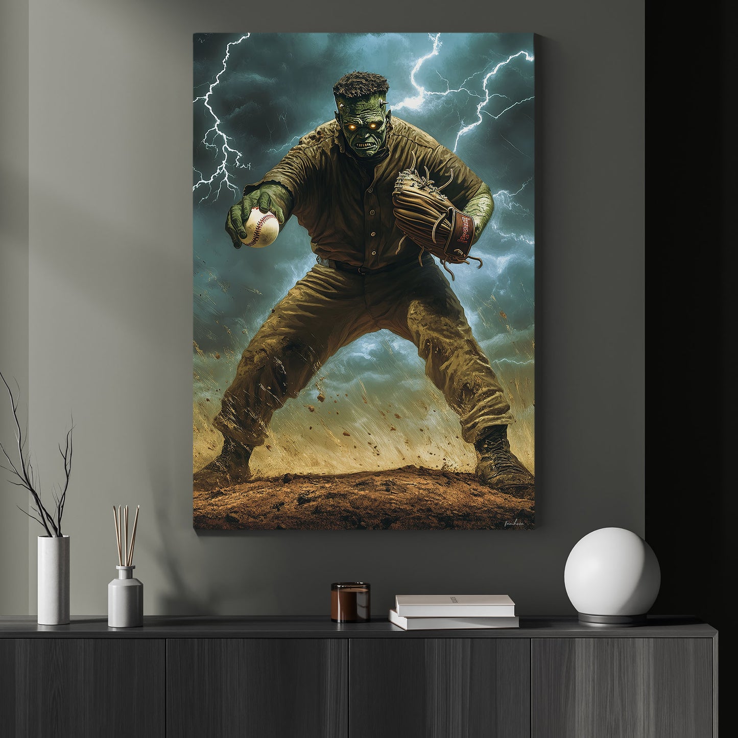 Frankenstein's Monster Pitcher, Baseball Canvas Painting, Spooky Season Wall Art Decor, Halloween Poster Gift For Baseball Lovers